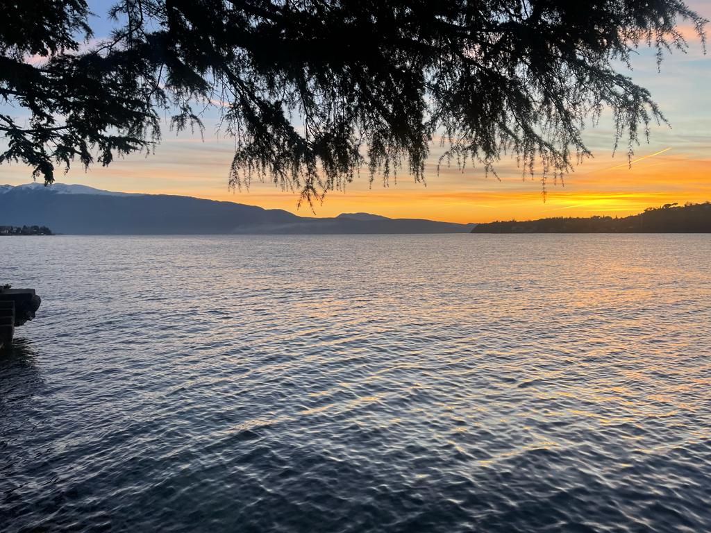 Bank am See bei Sonnenuntergang